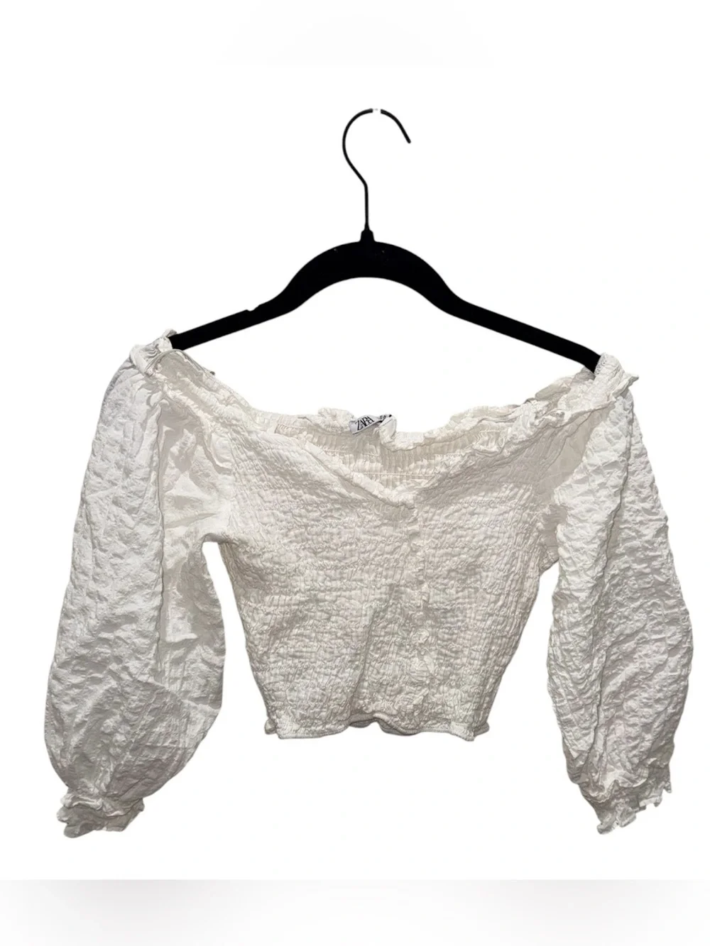 Zara White Off Shoulder Smocked Crop Top Long Sleeve Blouse Small